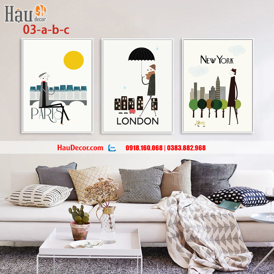 Tranh treo tường hiện đại 3D bộ 3 bức Paris, London, New York 03-a-b-c