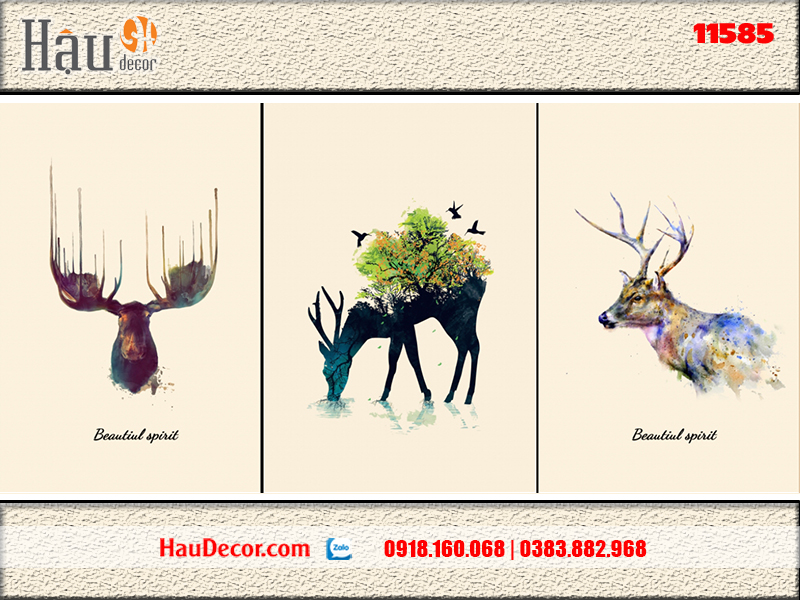 Tranh treo tường hiện đại 3D bộ 3 bức Hươu Tài Lộc 11585
