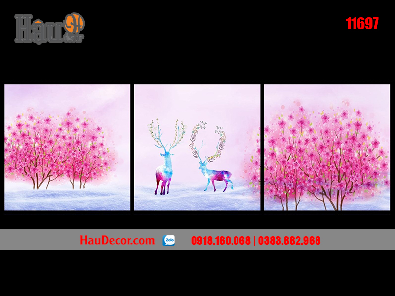 Tranh treo tường hiện đại 3D bộ 3 bức Hươu Tài Lộc 11697