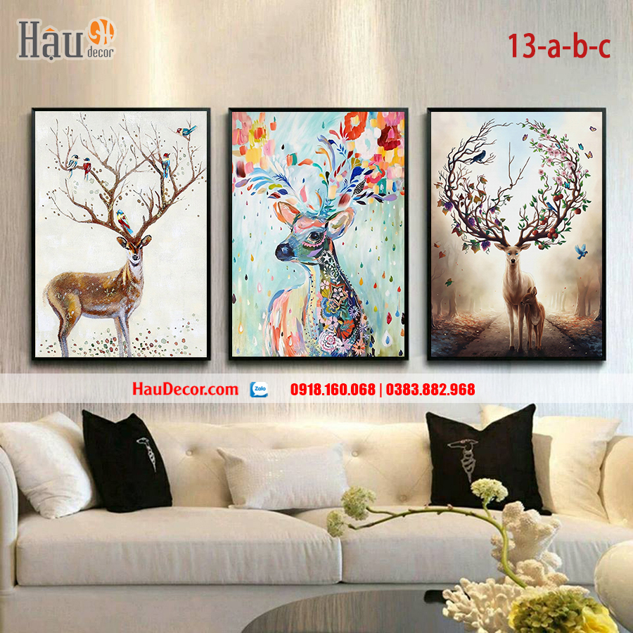 Tranh treo tường hiện đại 3D bộ 3 bức Hươu Tài Lộc 13-a-b-c