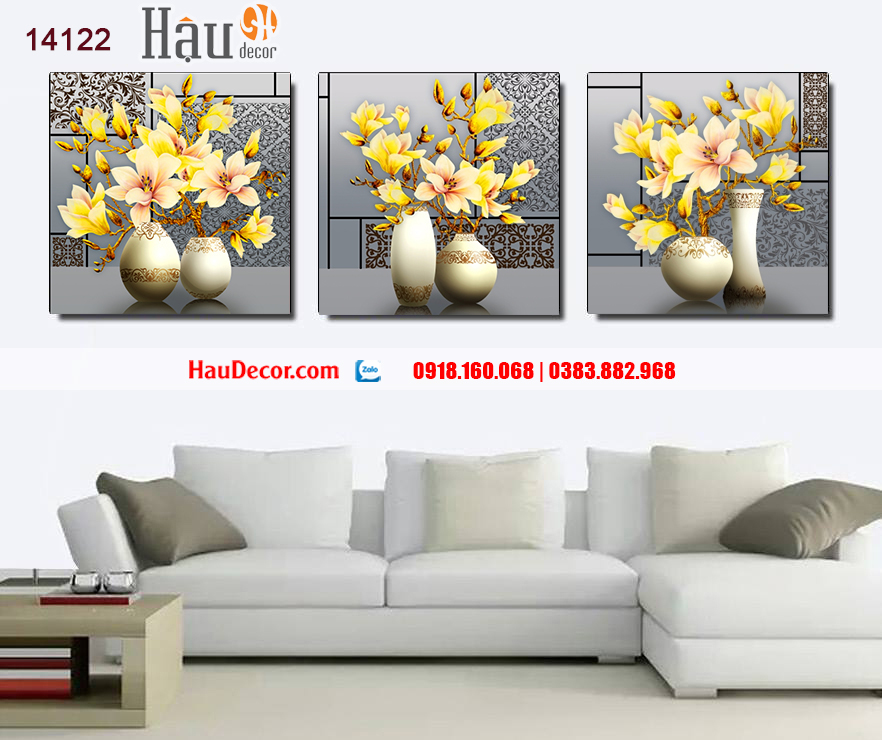 Tranh treo tường hiện đại 3D bộ 3 bức Bình Hoa 14122