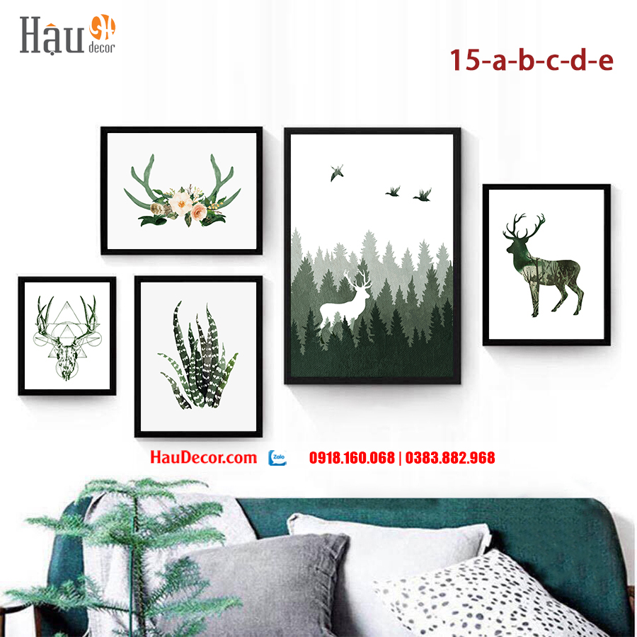 Tranh treo tường hiện đại 3D bộ 5 bức Hươu Tài Lộc 15-a-b-c-d-e