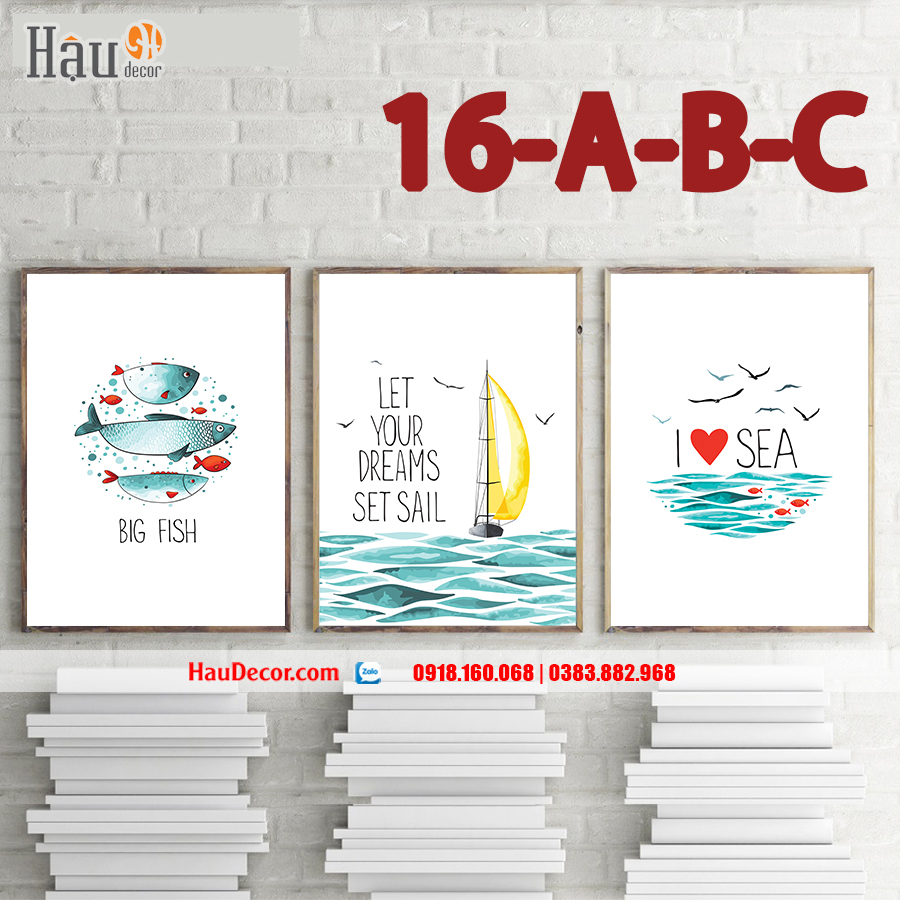 Tranh treo tường hiện đại 3D bộ 3 bức Biển Khơi 16-a-b-c