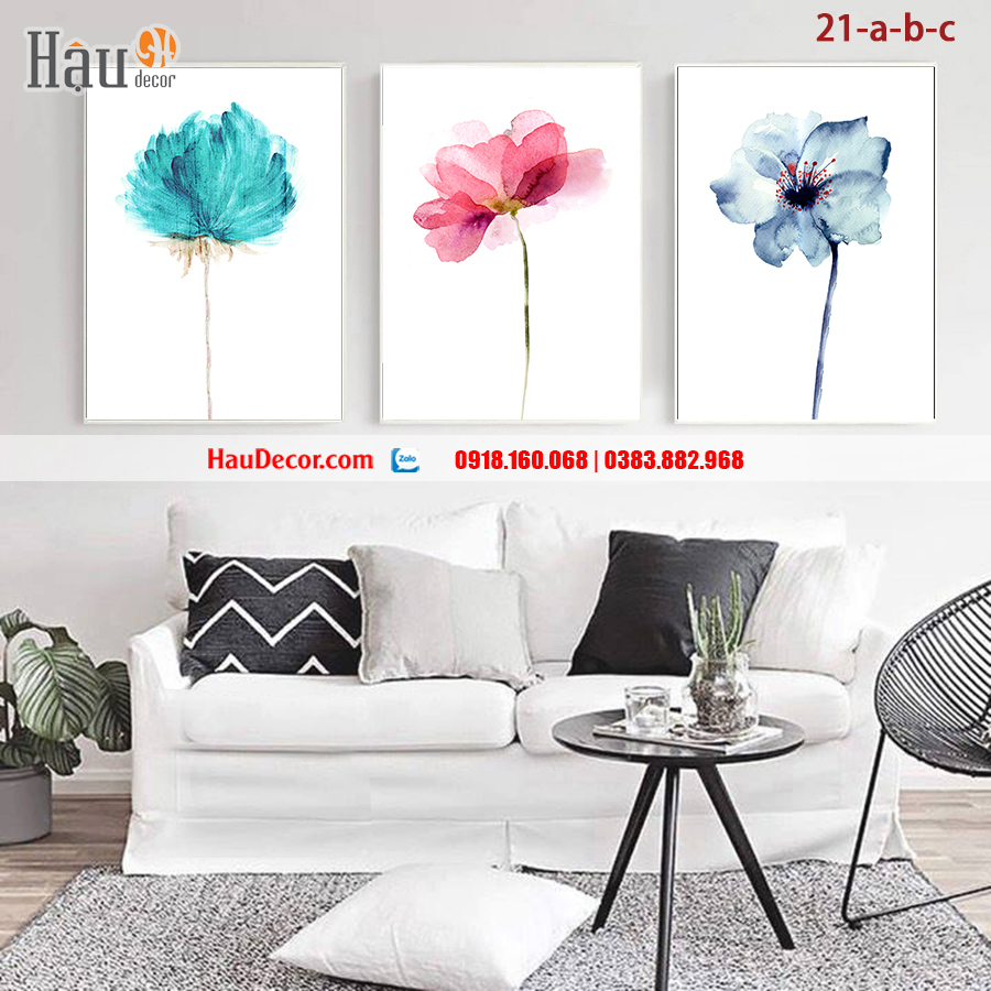 Tranh treo tường hiện đại 3D bộ 3 bức Hoa Tường Vi 21-a-b-c