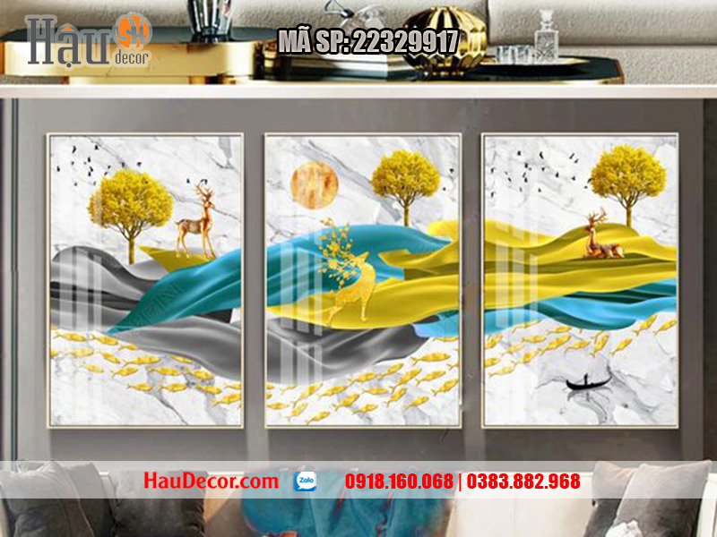 Tranh treo tường hiện đại 3D bộ 3 bức Rừng Vàng Biển Bạc 22329917