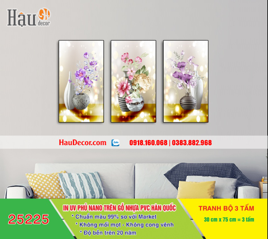 Tranh treo tường hiện đại 3D bộ 3 bức Bình Hoa 25225