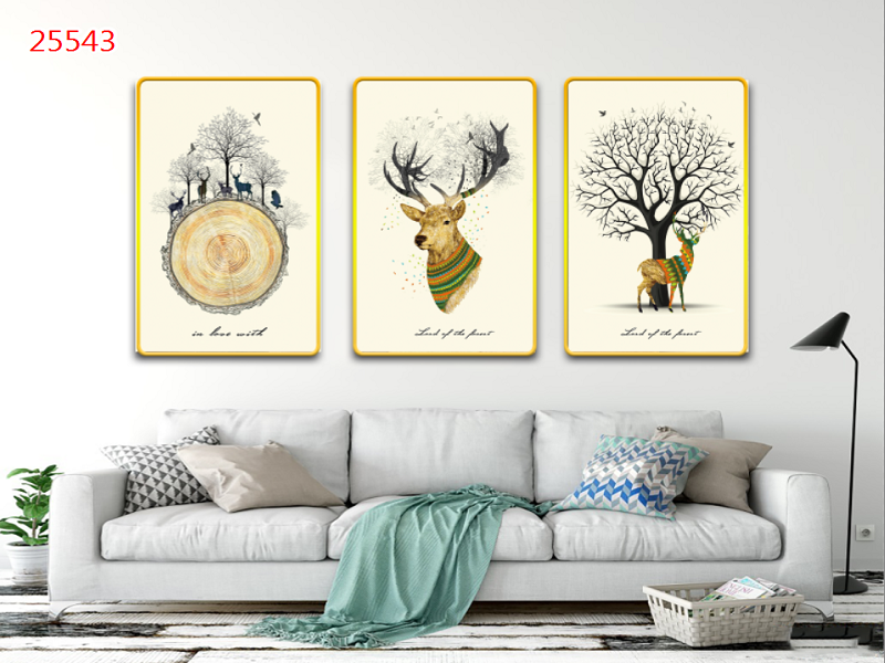 Tranh treo tường hiện đại 3D bộ 3 bức Hươu Tài Lộc 25543