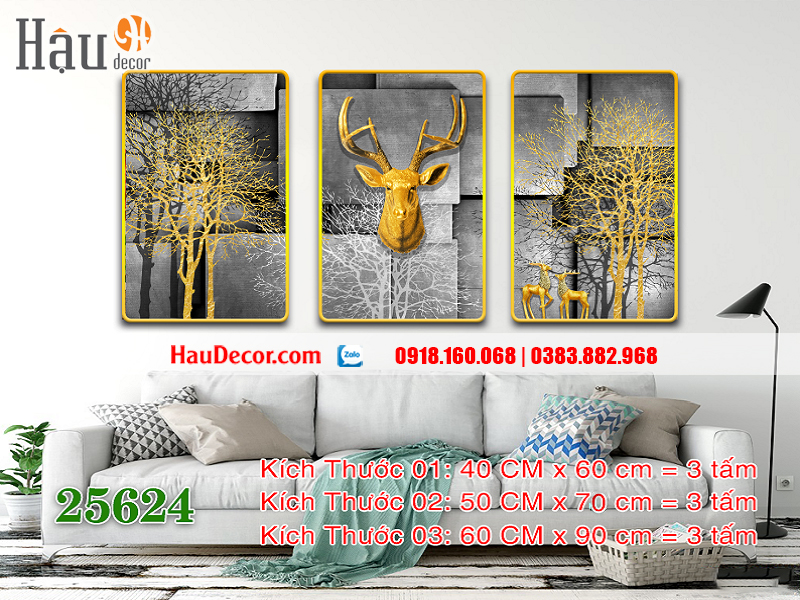 Tranh treo tường hiện đại 3D bộ 3 bức Hươu Tài Lộc 25624