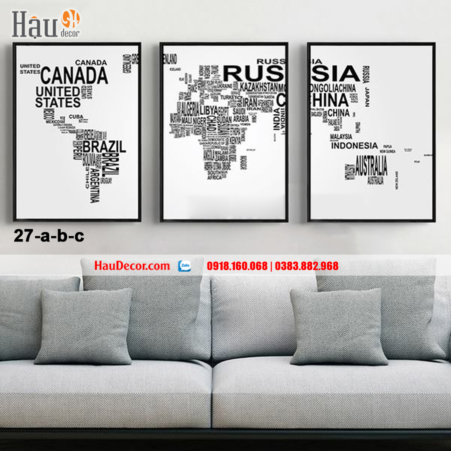Tranh treo tường hiện đại 3D bộ 3 bức Bản Đồ Thế Giới 27-a-b-c