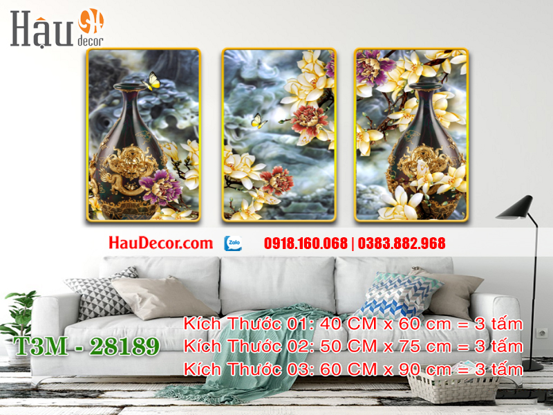 Tranh treo tường hiện đại 3D bộ 3 bức Bình Hoa Điệp Lan 28189
