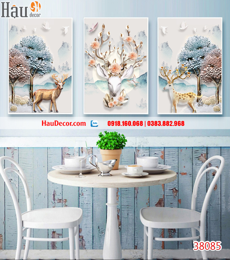 Tranh treo tường hiện đại bộ 3 bức Hươu Tài Lộc 3D 38085
