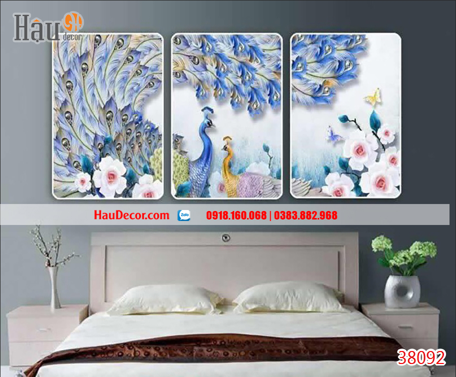 Tranh ghép bộ 3 bức Chim Công 3D 38092