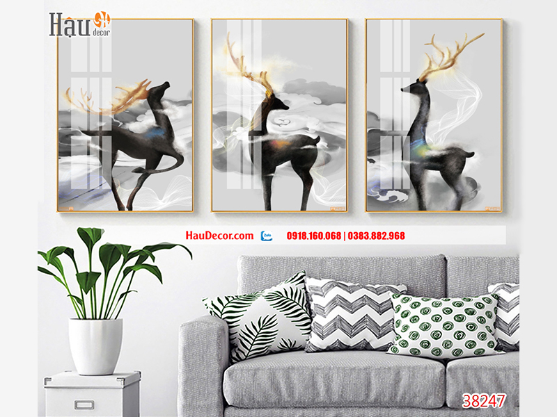 Tranh treo tường hiện đại 3D bộ 3 bức Hươu Tài Lộc 38247