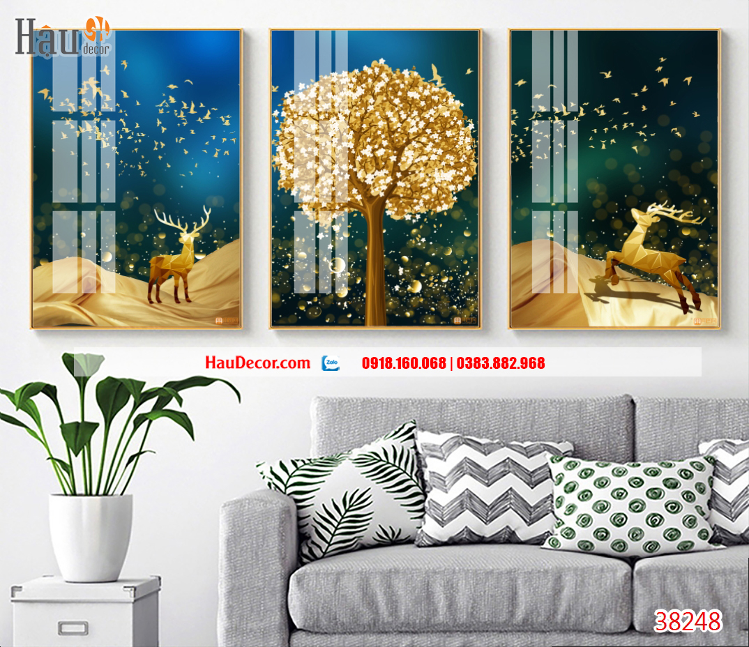 Tranh treo tường hiện đại bộ 3 bức Hươu Tài lộc 3D 38248