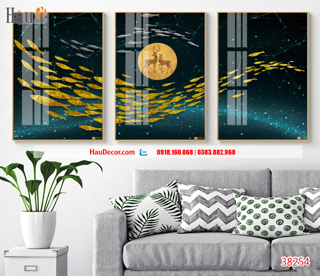 Tranh treo tường hiện đại bộ 3 bức Rừng vàng Biển Bạc 3D 38245