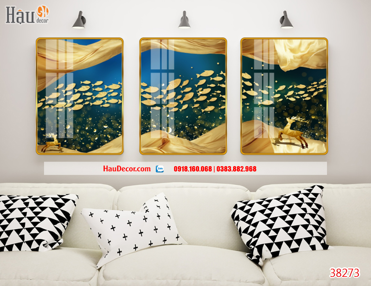 Tranh treo tường hiện đại 3D bộ 3 bức Rừng Vàng Biển Bạc 38273