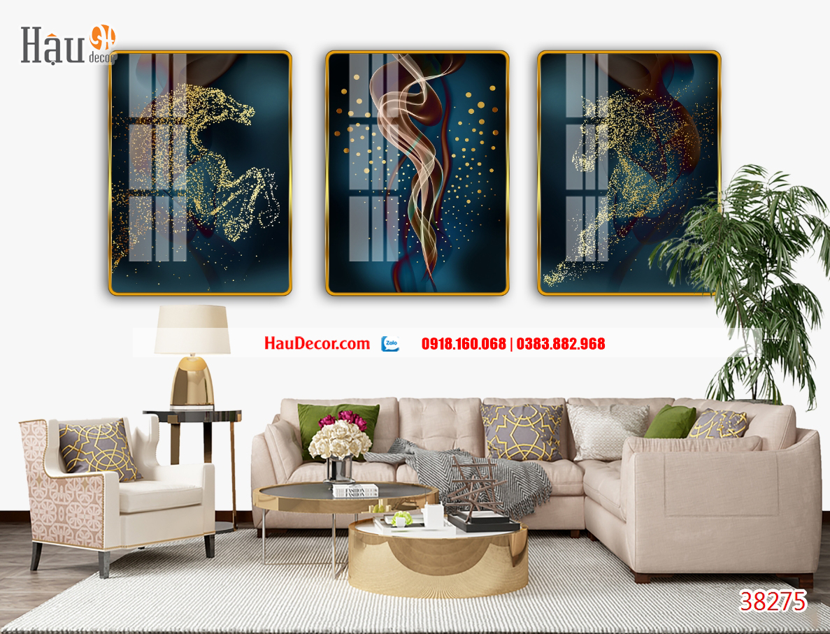 Tranh treo tường hiện đại 3D bộ 3 bức Rừng Vàng Biển Bạc 38275