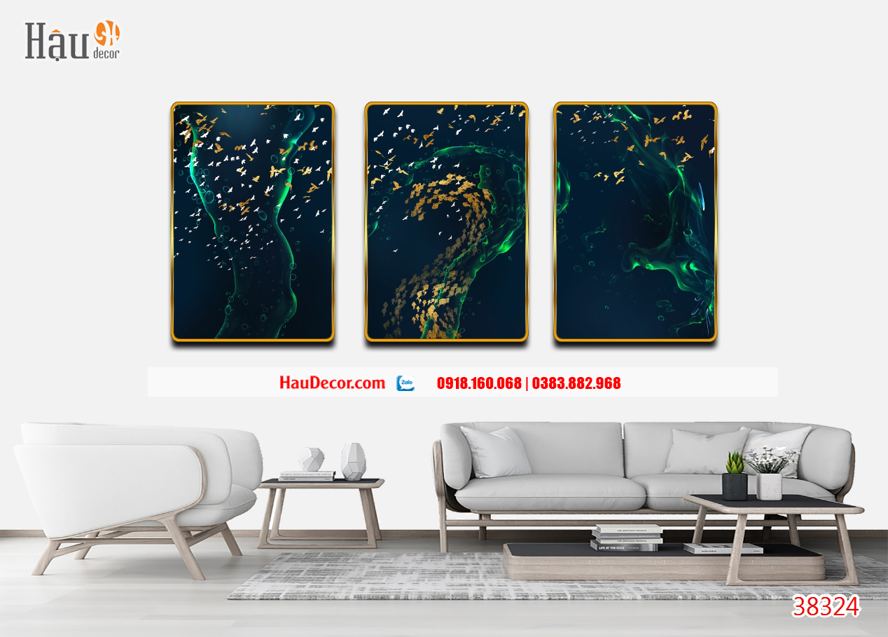 Tranh 3D trừu tượng 3 bức Rừng Vàng Biển Bạc 38324
