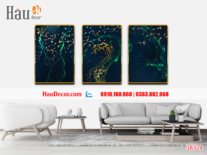 Tranh treo tường hiện đại 3D bộ 3 bức Rừng Vàng Biển Bạc 38324