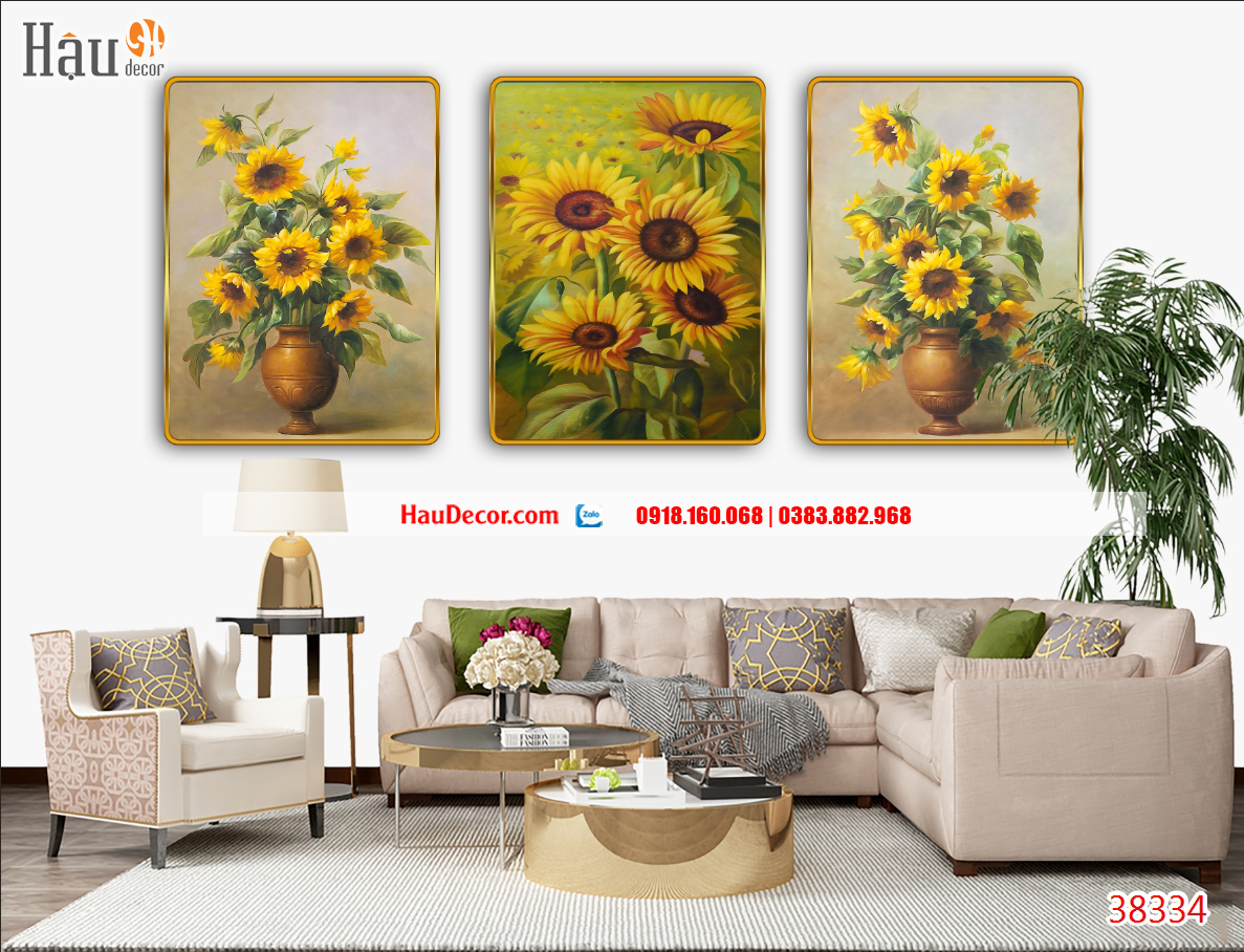 Tranh treo tường hiện đại 3D bộ 3 bức Hoa Cúc 38334