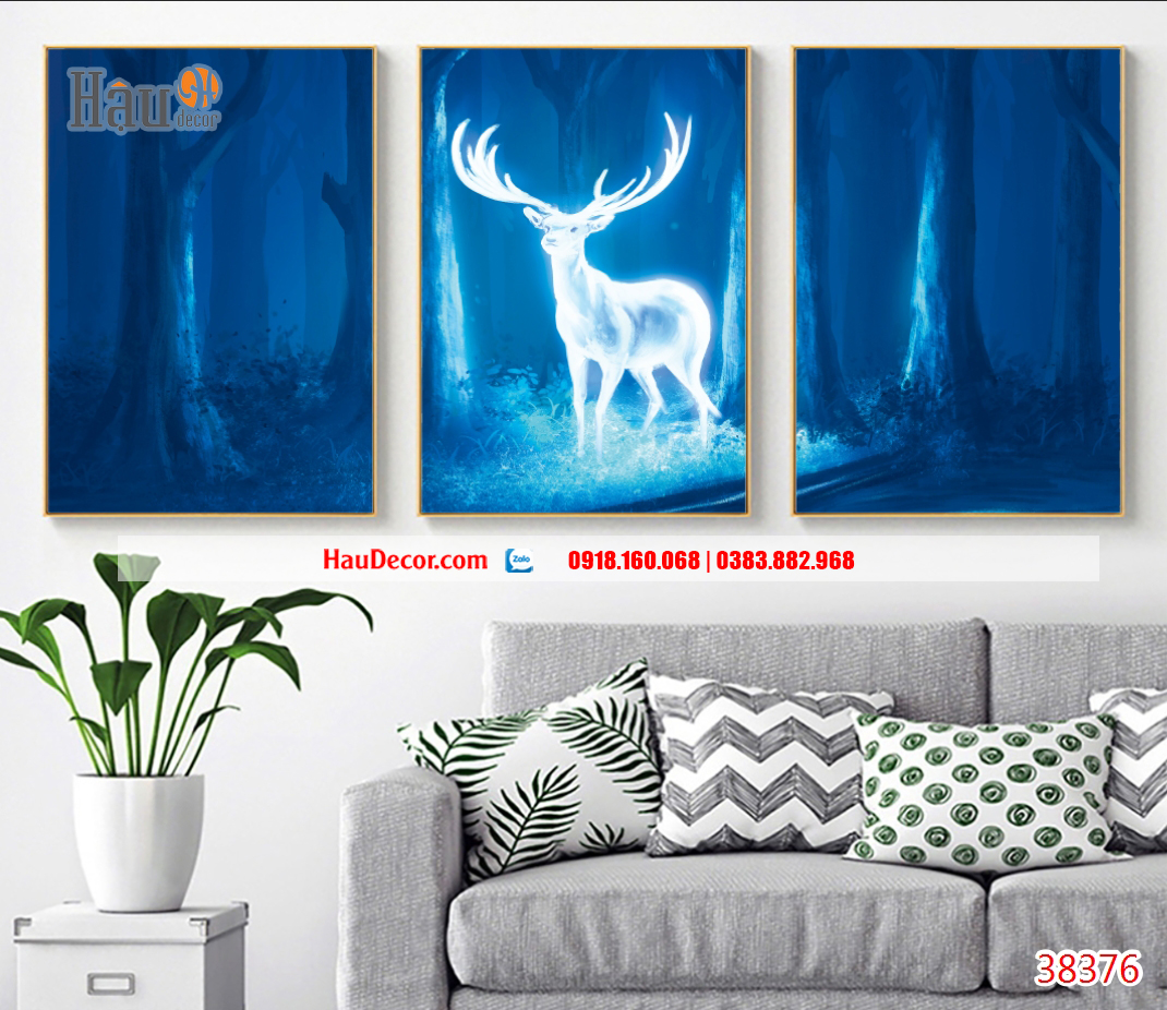 Tranh treo tường hiện đại 3D bộ 3 bức Hươu Tài Lộc 38376