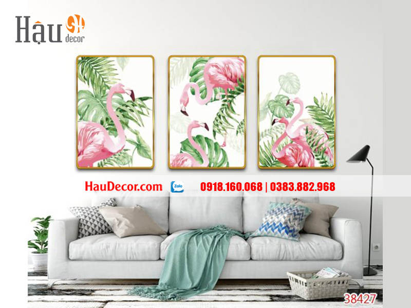 Tranh treo tường hiện đại 3D bộ 3 bức Chim Hồng Hạc 38427