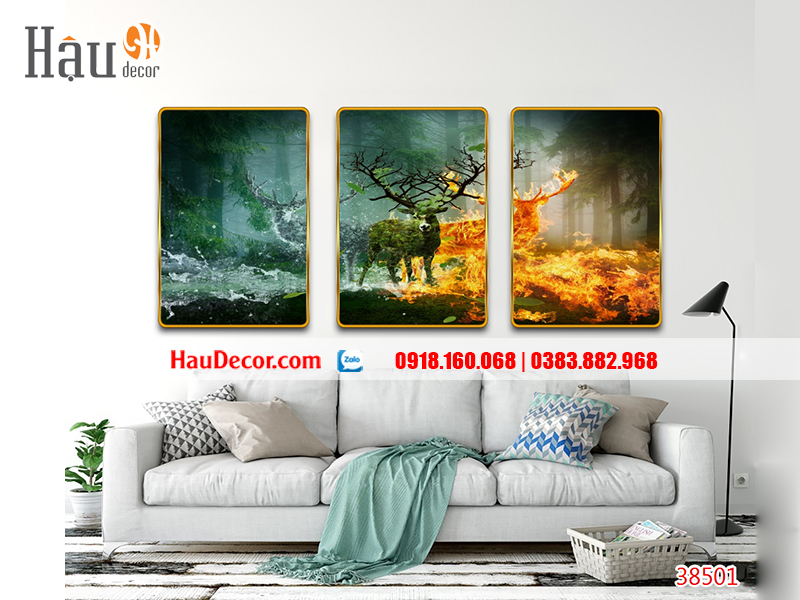Tranh treo tường hiện đại 3D bộ 3 bức Hươu Tài Lộc 38501