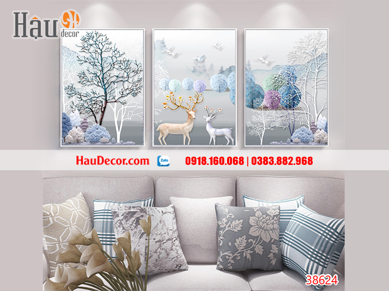 Tranh treo tường hiện đại 3D bộ 3 bức Hươu Tài Lộc 38264