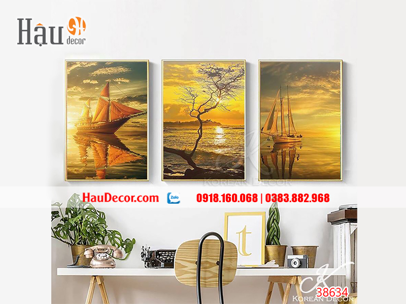 Tranh treo tường hiện đại 3D bộ 3 bức Cánh Buồm Và Đại Dương 38634