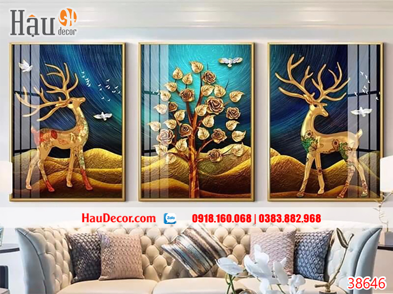 Tranh treo tường hiện đại 3D bộ 3 bức Hươu Tài Lộc 38646