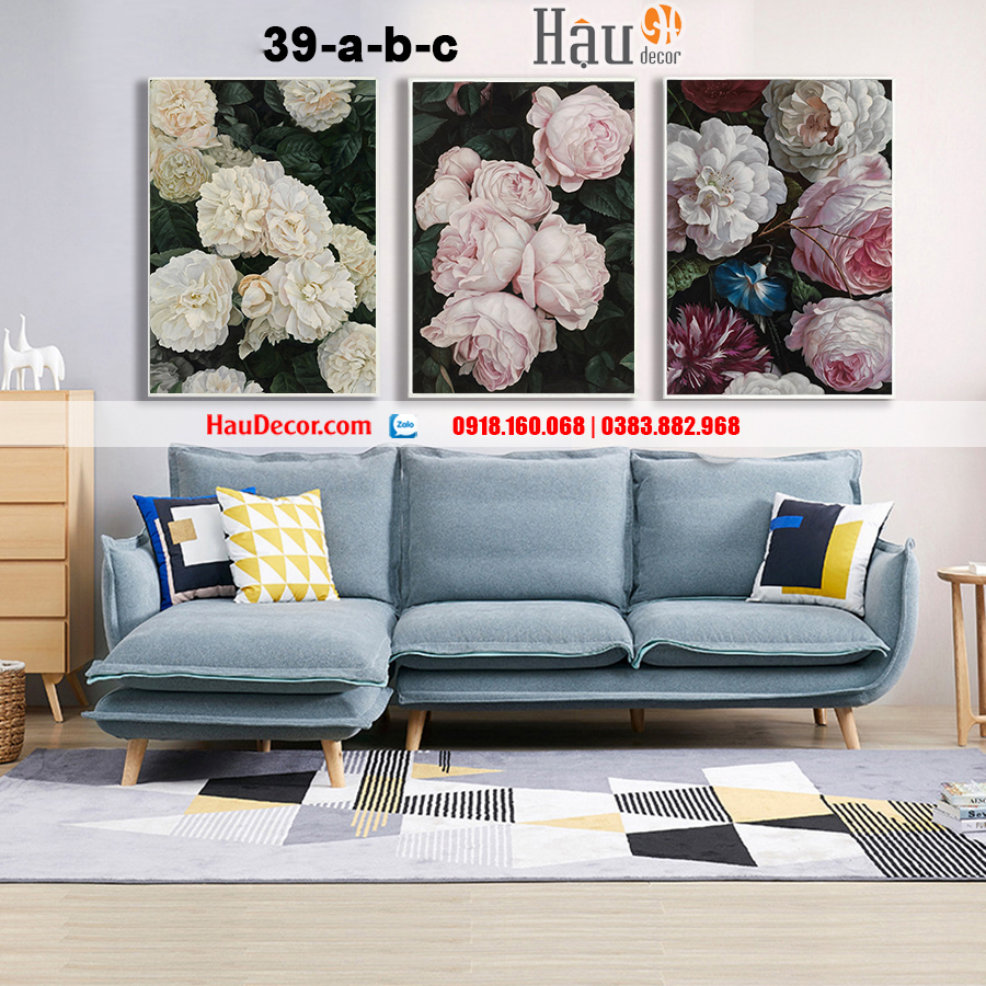Tranh treo tường hiện đại 3d bộ 3 bức Hoa Cẩm Chướng 39-a-b-c