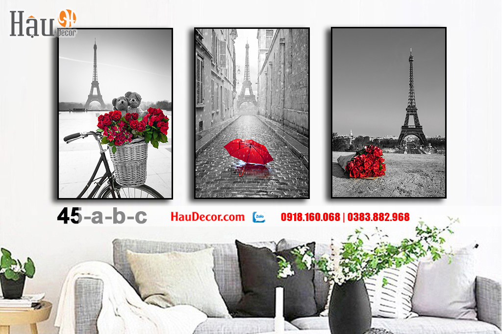 Tranh treo tường hiện đại 3D bộ 3 bức Paris 45-a-b-c 