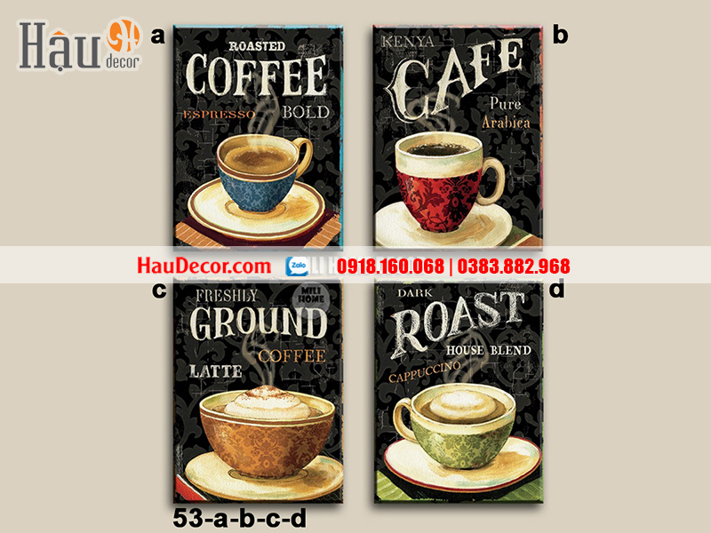Tranh treo tường hiện đại 3D bộ 4 bức Cafe 53-a-b-c-d