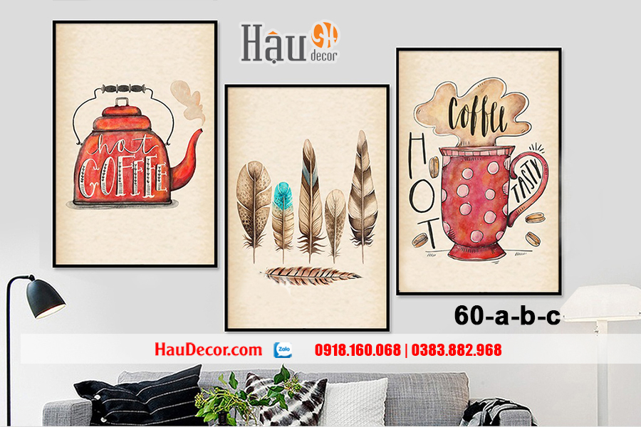 Tranh treo tường hiện đại 3D bộ 3 bức Cafe 60-a-b-c