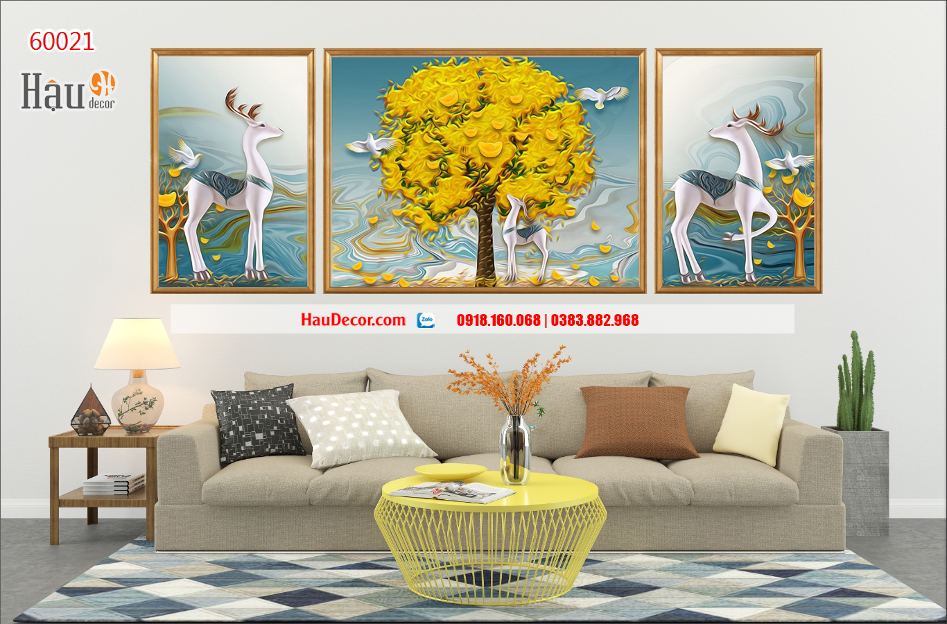 Tranh treo tường hiện đại 3D bộ 3 bức Hươu Tài Lộc 60021
