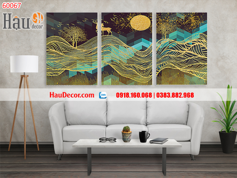 Tranh treo tường hiện đại 3D bộ 3 bức Hươu Tài Lộc 60067-a-b-c