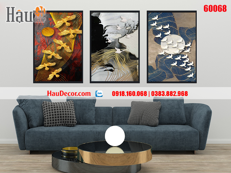 Tranh treo tường hiện đại 3D bộ 3 bức Rừng Vàng Biển Bạc 60068