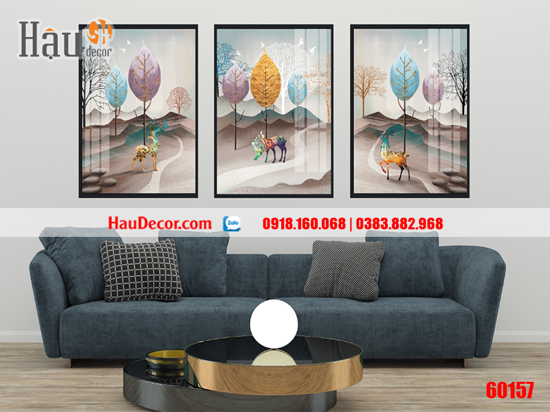 Tranh treo tường hiện đại 3D bộ 3 bức Hươu Tài Lộc 60157-a-b-c