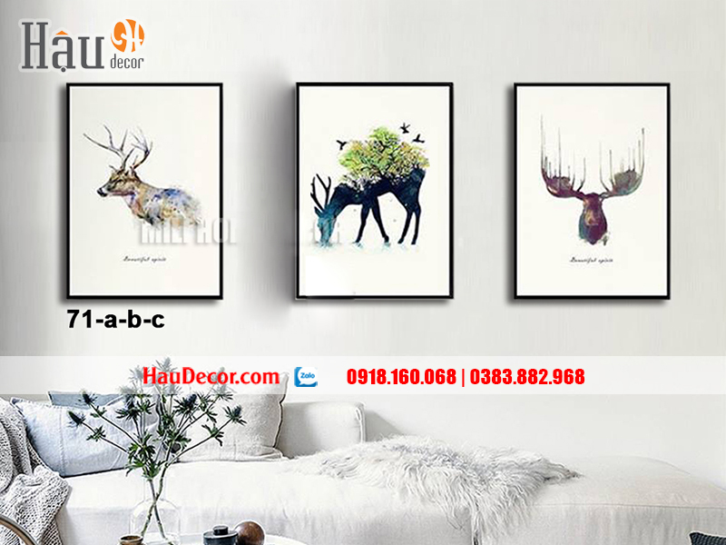 Tranh treo tường hiện đại 3D bộ 3 bức Hươu Tài Lộc 71-a-b-c