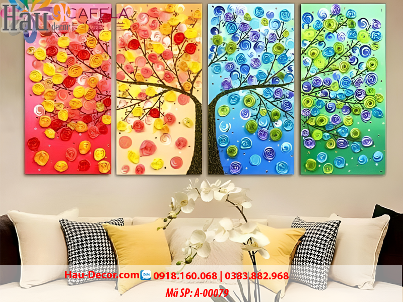 Kit tranh thêu ruy băng Bộ 4 bức Cây Hoa Nghệ Thuật A-00079