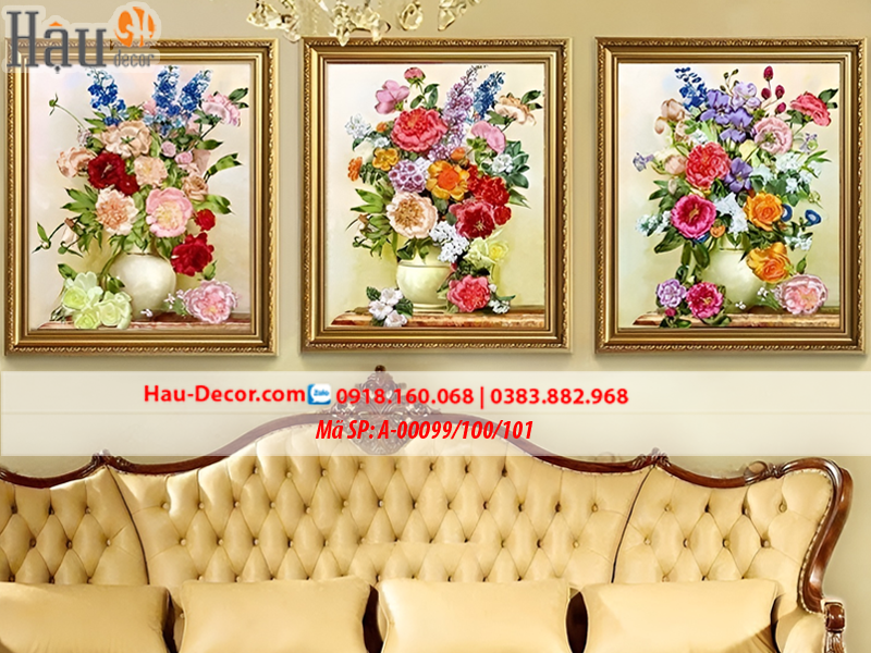 Kit tranh thêu ruy băng Bộ 3 bức Lọ Hoa Nghệ Thuật A-00099 & A-00100 & A-00101