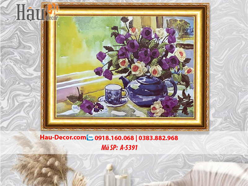 Kit tranh thêu ruy băng Thưởng Trà Ngắm Hoa A-5391
