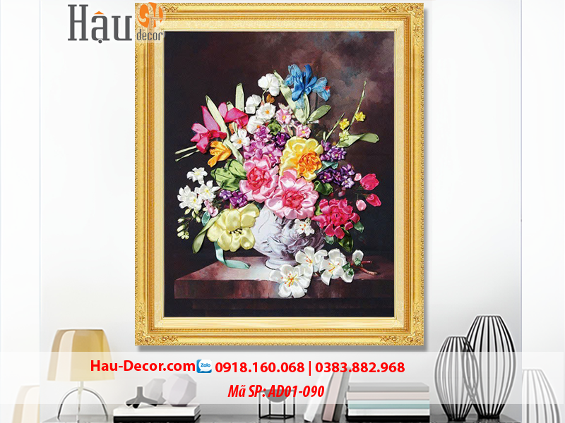 Kit tranh thêu ruy băng Lọ Hoa Nghệ Thuật AD01-090