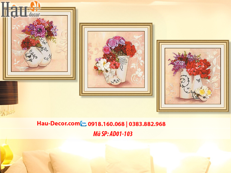 Kit tranh thêu ruy băng Bộ 3 bức Lọ Hoa Nghệ Thuật AD01-103