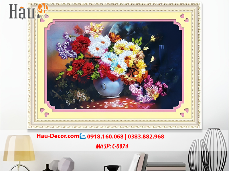 Kit tranh thêu ruy băng Lọ Hoa Nghệ Thuật C-0074