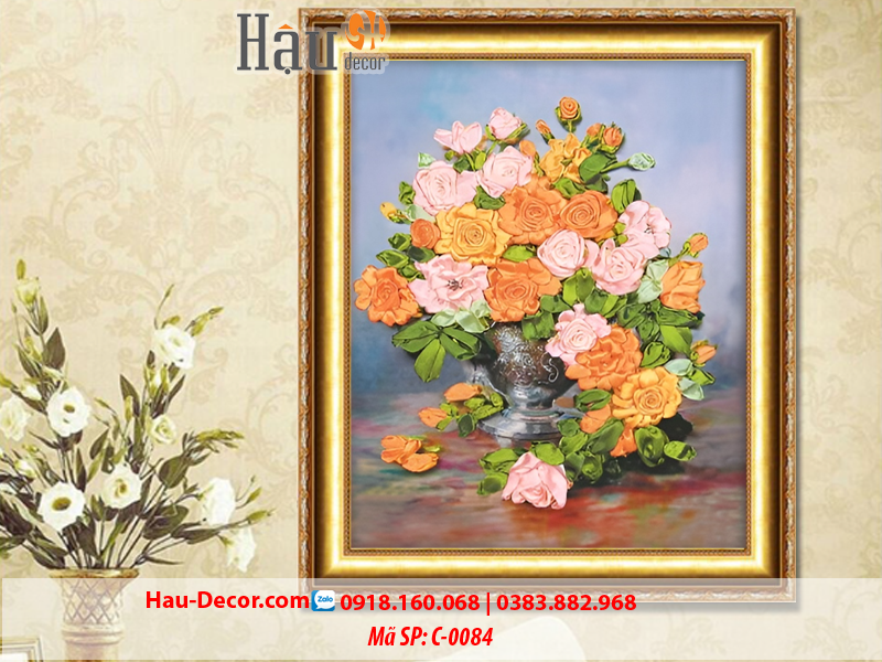 Kit tranh thêu ruy băng Lọ Hoa Hồng Nghệ Thuật C-0084