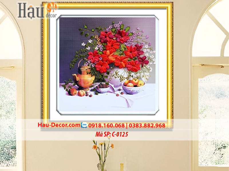 Kit tranh thêu ruy băng Lọ Hoa và Quả C-0125