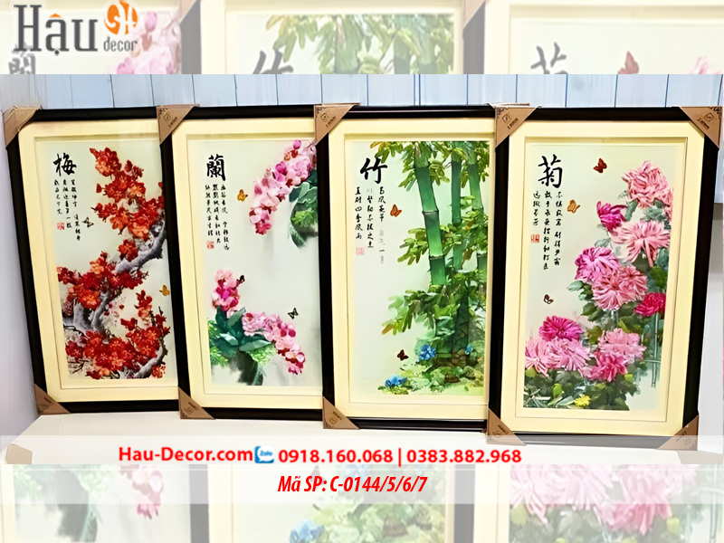 Kit tranh thêu ruy băng Bộ Tứ Quý Đào Trúc Cúc Lan C-0144/ C-0145/ C-0146/ C-0147