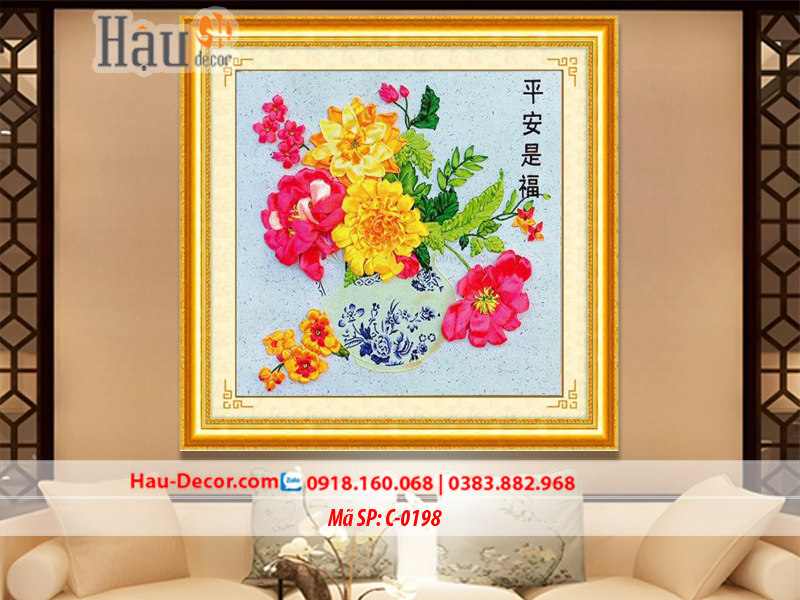 Kit tranh thêu ruy băng Lọ Hoa Mẫu Đơn Phú Quý C-0198