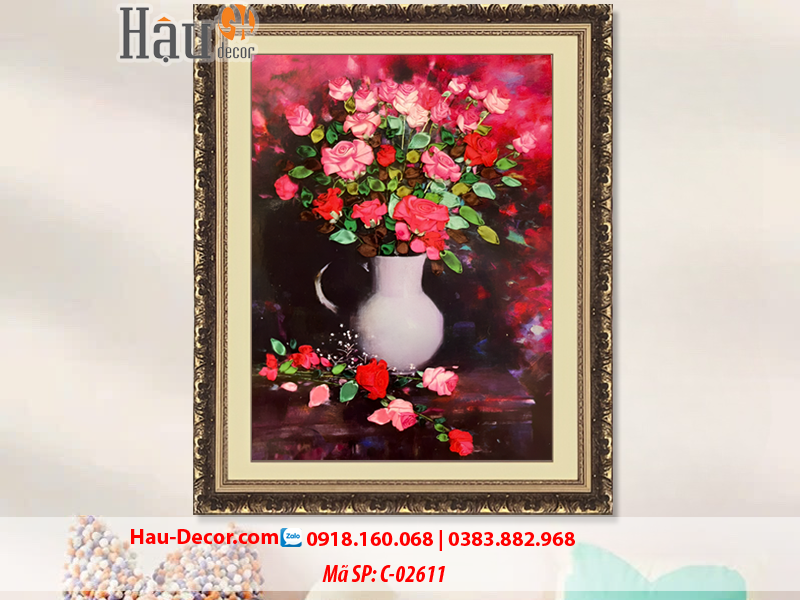 Kit tranh thêu ruy băng Lọ Hoa Hồng Nghệ Thuật C-02611